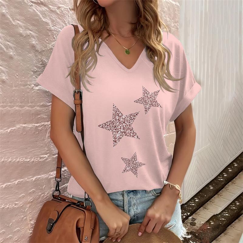 Fashion V-neck Women's T-Shirts Funny Five-Pointed Star Printed T Shirt For Women Summer Hot Sale Short Sleeve Casual Loose Tops