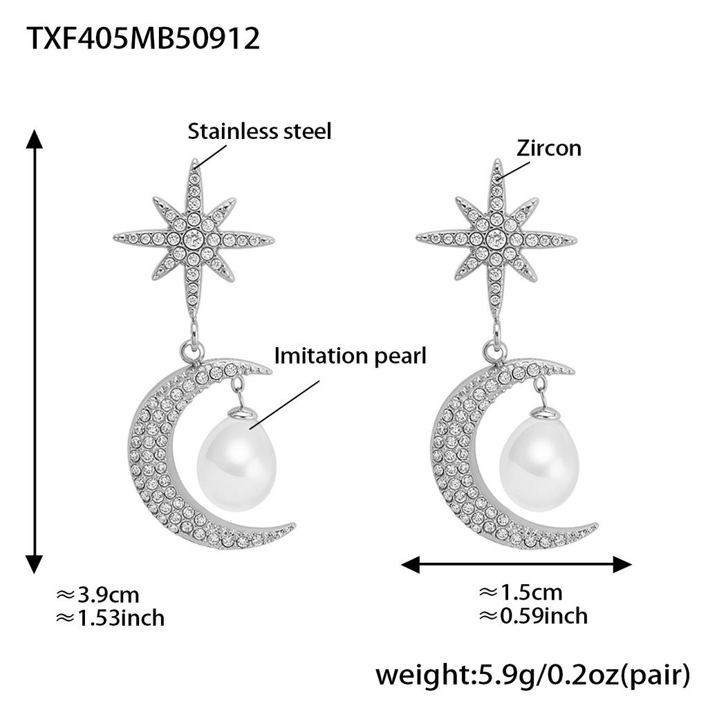 Tiny Chain Necklace Matching Earring In Stainless Steel With Zircon Moon Pendant Necklaces Dangle Earrings Jewelry Set For Women