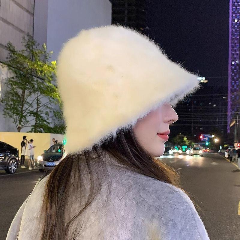 Face rabbit fur autumn and winter bucket hat versatile big head circumference basin hat white bucket plain hat warm plush basin hat