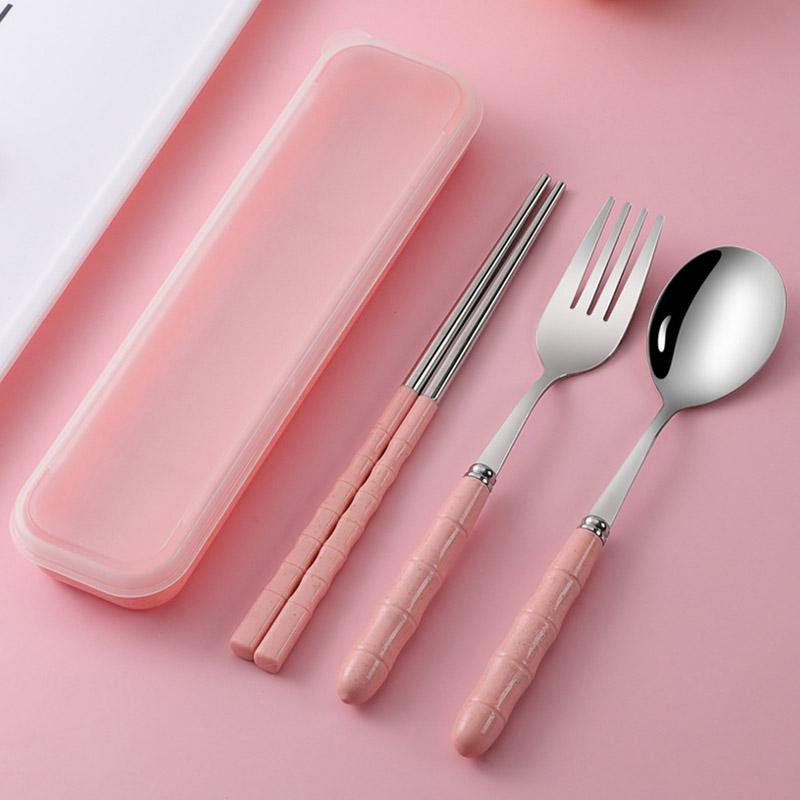 

3pcs Set Stainless Steel Portable Fork Spoon Chopstick Student Cutlery Set with Box Travelling Dinnerware Set
