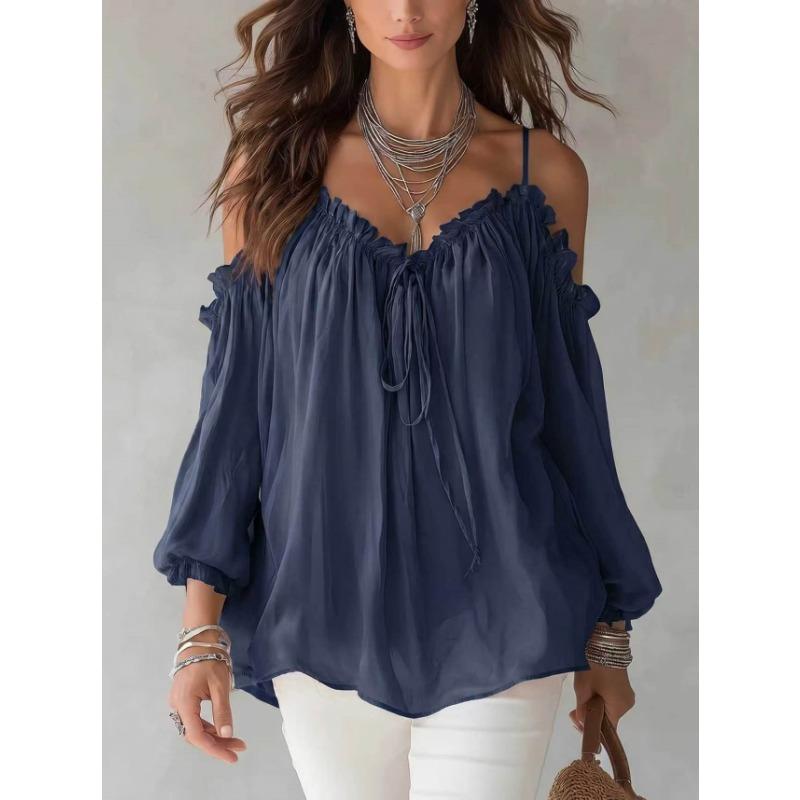Women S Long Sleeve Blouse Ruffled Collar Loose Fit Solid Color Bohemian Style Casual Top