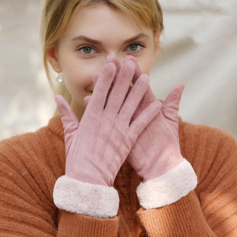 1Pair Touch Screen Winter Fleece Suede Soft Women Warm Gloves Ladies Fur Lined Thermal