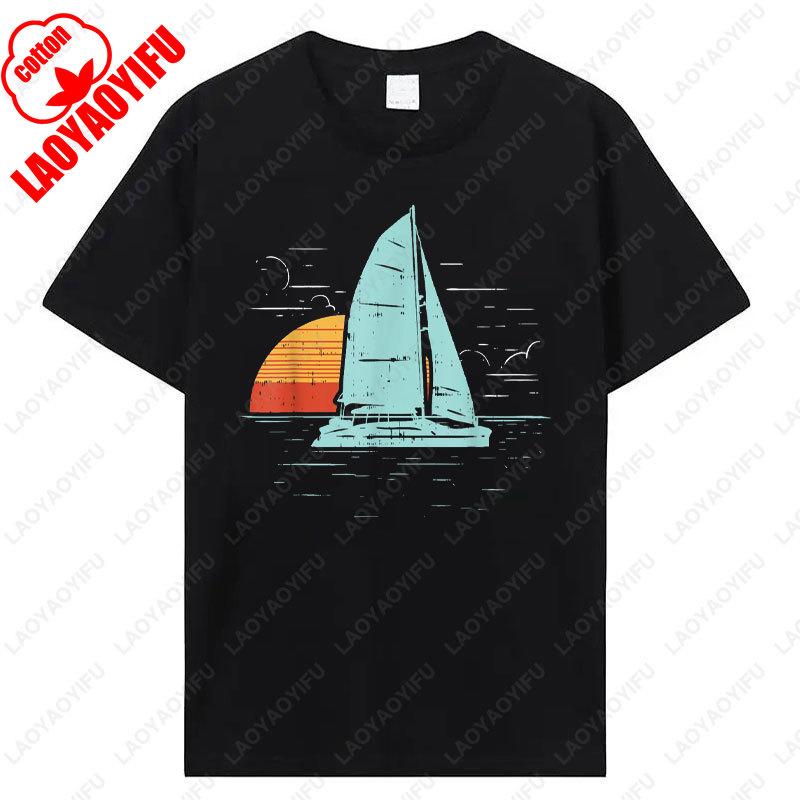Trendy Sailboat Sunset Retro Boating Vacation Boat Sailor Gift TShirt Unisex Vintage Fashion Tshirt Male Cotton Breathable Tee S