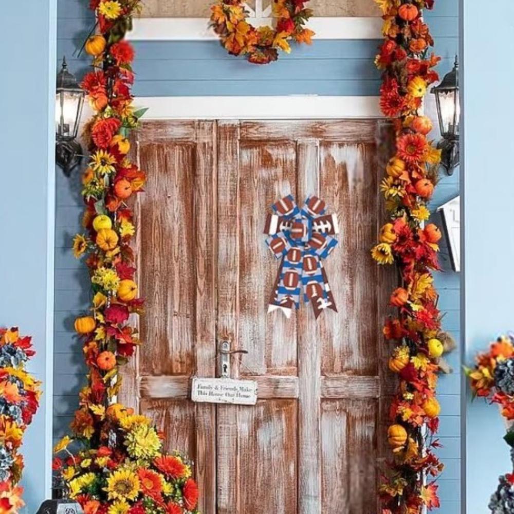 2PCS American Football Wreath Bows for Wreath Blue Gray Strips American Football Burlap Sports Fabric Bows for Decoration