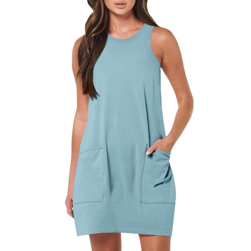 YYFS Women's Fashion Summer Spring Solid Color Print Sleeveless O-Neck Casual Dresses