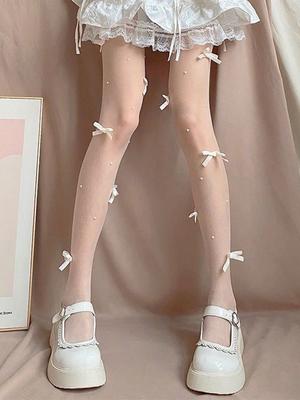 Bow White Stockings for Women Summer Thin Anti Hook Silk Lolita Pure Desire Pearl Black Stockings