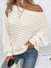 Autumn Winter New Solid Color 3D Ribbed Horizontal Stripe One-Shoulder Batwing Sleeve Pullover Knit Sweater for Women