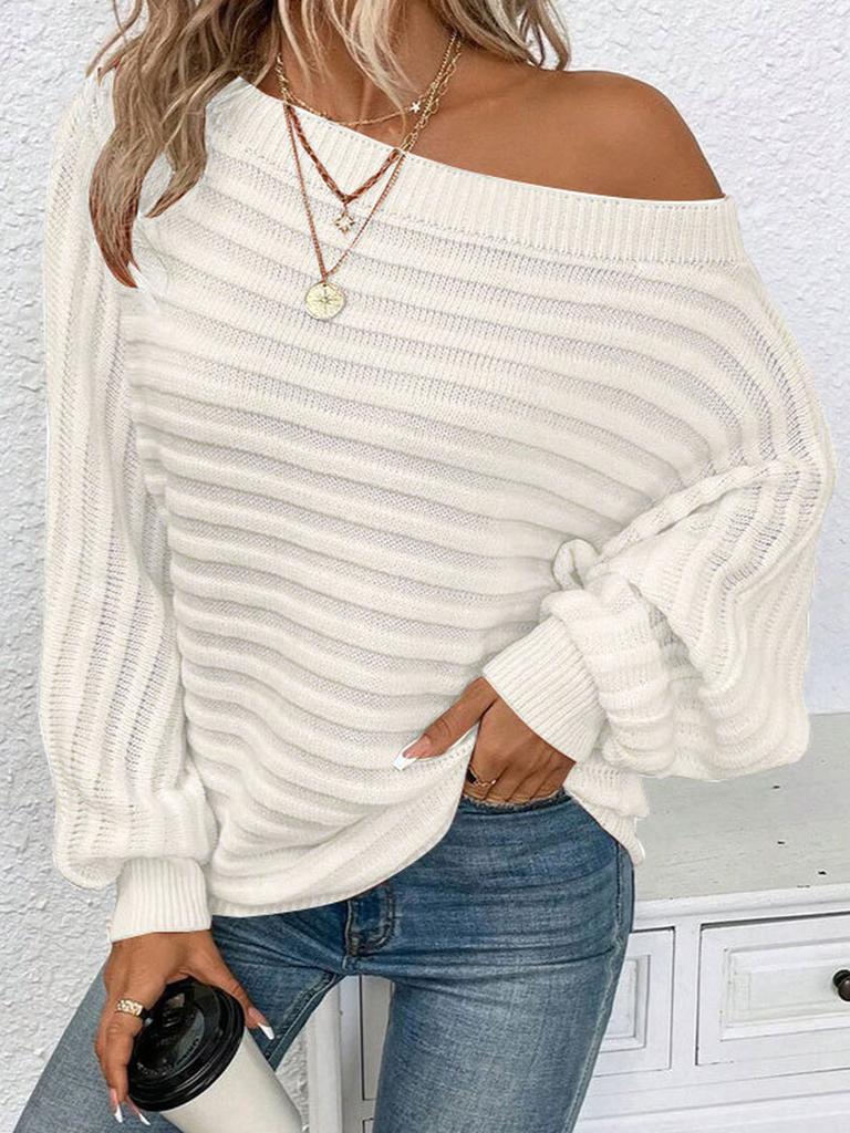 Autumn Winter New Solid Color 3D Ribbed Horizontal Stripe One-Shoulder Batwing Sleeve Pullover Knit Sweater for Women
