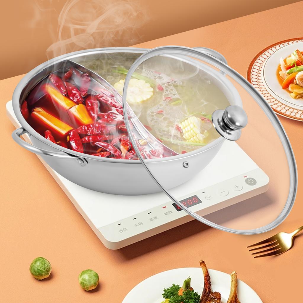 2-in-1 Stainless Steel Hot Pot with Divider & Glass Lid, 28cm Multipurpose Shabu Shabu Pot, Kitchen Cooking Pot for Ramen, Soup