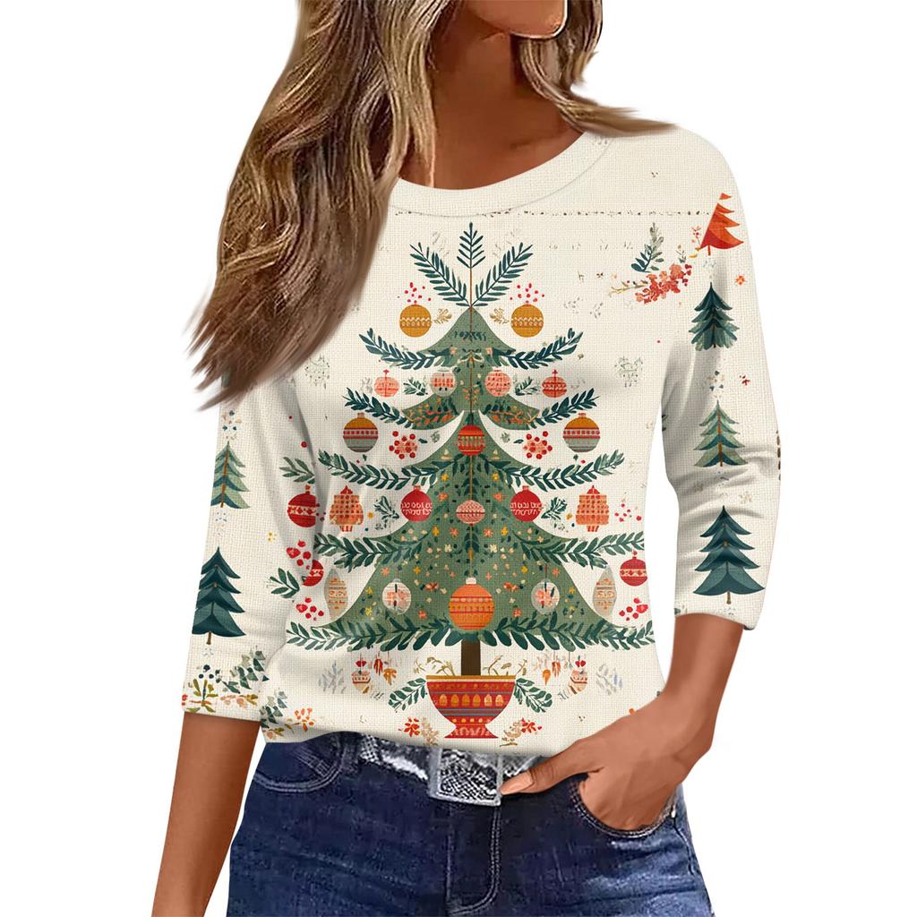Women's O-Neck 3/4 Sleeve Christmas Print Top