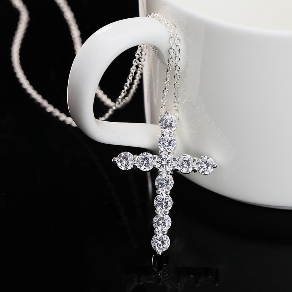 Women Fashion Shiny Zircon The Cross Pendant Long Necklace Link Chain Jewelry