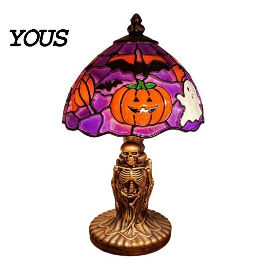 Non Dazzling Bedroom Lamp Halloween Vintage Table Lamp, Retro Resin Pumpkin Skeleton Black Cat Decorative Night Light, Gothic Bedside for Living Room