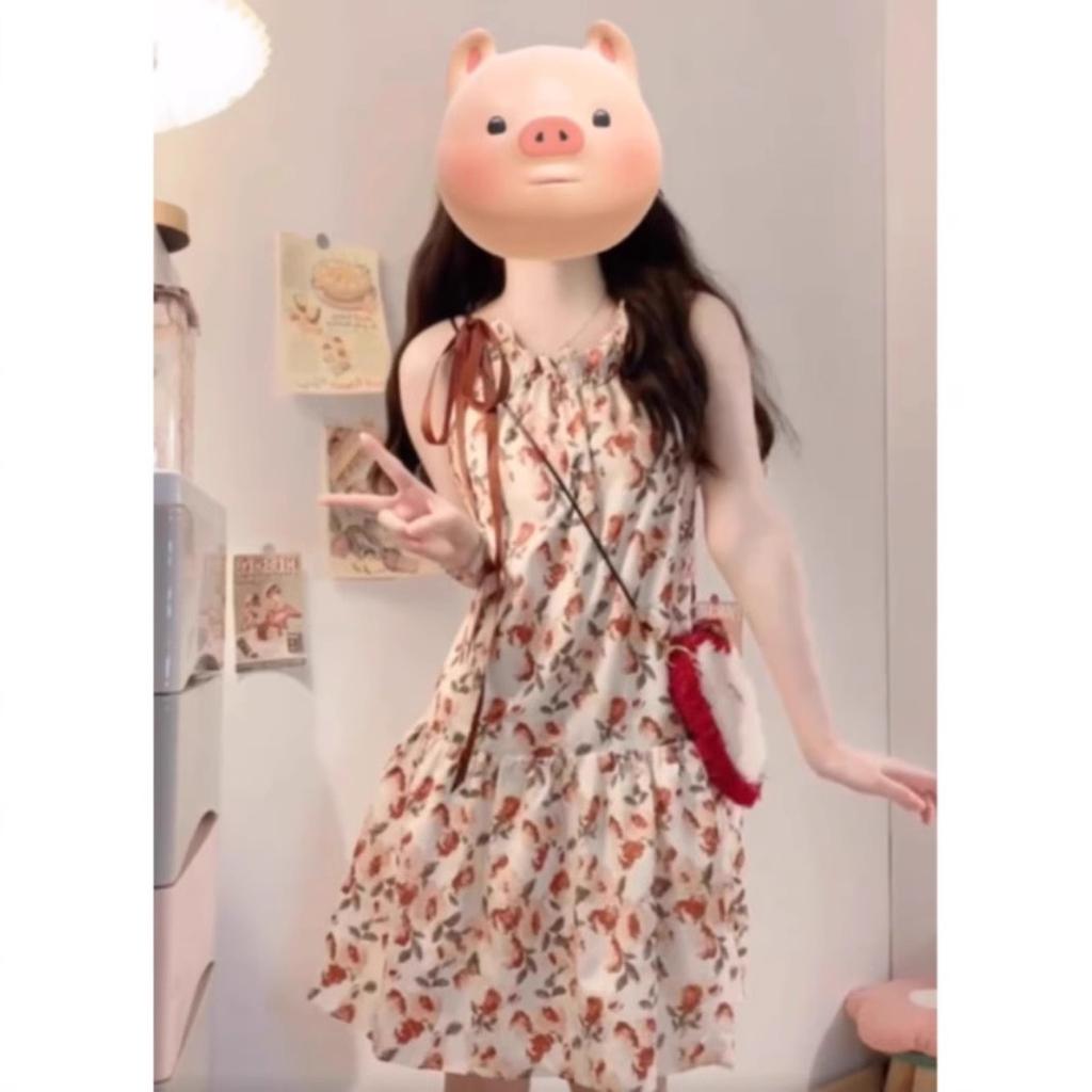 French Gentle Wind Floral Neck Dress Women's Summer Small Design Sense Age-reducing Sleeveless Suspender Skirt