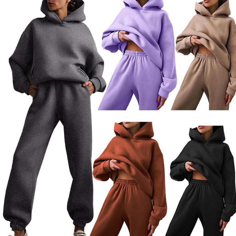 2026 Womens Solid Color Hooded Sweatshirt Jogger Pants Set Casual Two-Piece Outfit Collection