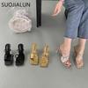 Fashion SUOJIALUN 2025 Summer Narrow Band Women Slipper Fashion Square Toe Slip On Sandal Shoes Thin High Heel Dress Sandal Shoes Slides