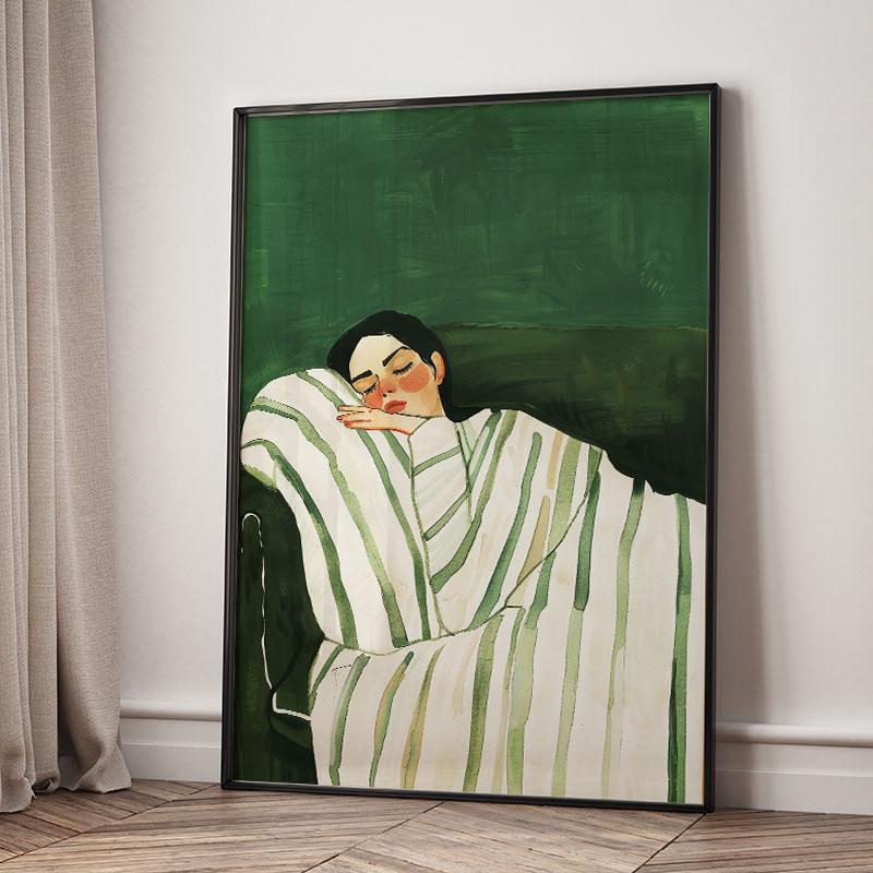 Green Striped Girl Lemon Leaf Wall Art Canvas Painting Abstract Posters And Prints Hotel Bar Wall Pictures For Living Room Decor