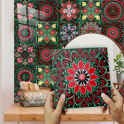 10 adet Renkli Mandala Tarzı Fayans Etiket Mutfak Banyo Dolap Ev Dekor Kabuğu ve Sopa Yağ geçirmez Seramik PVC Sanat Duvar Kağıdı
