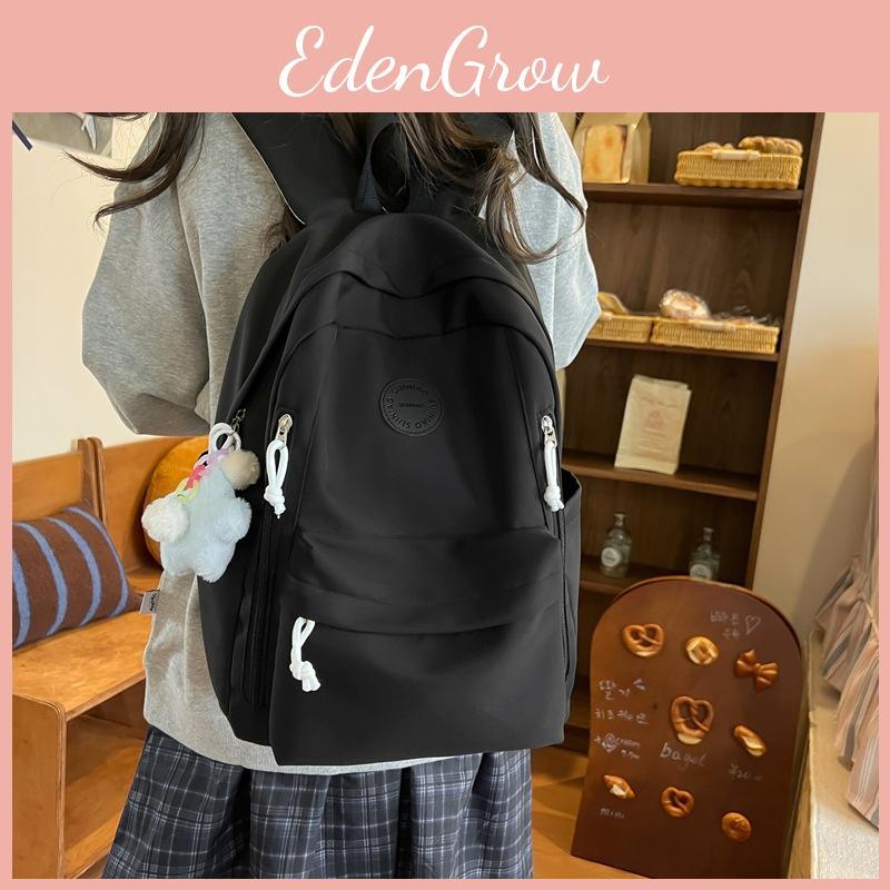 Simple Color Solid Student Lightweight Backpack With Plush Pendant School For