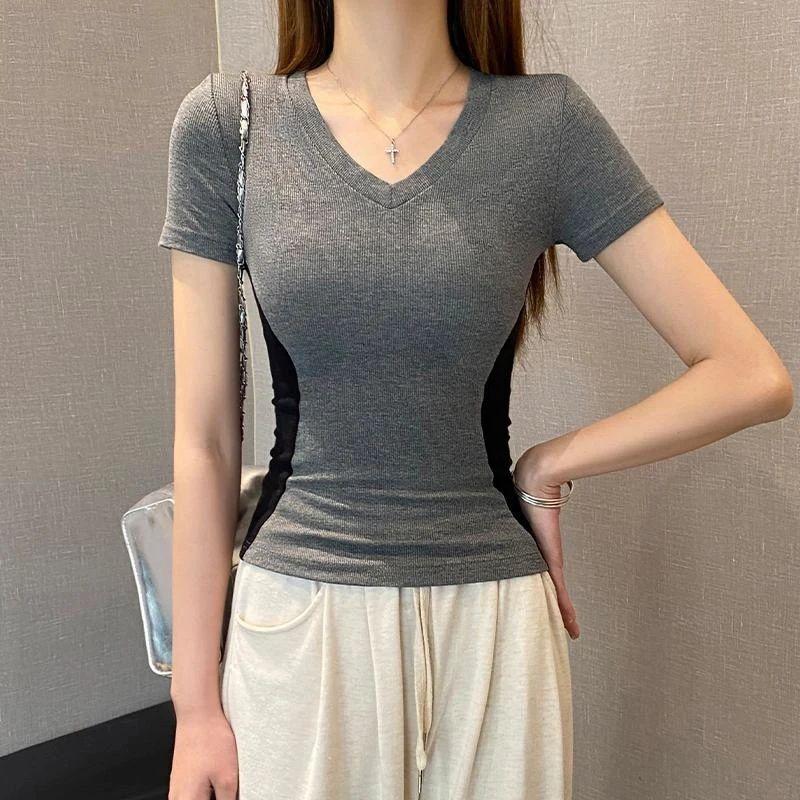 

2025 Women s Ribbed V-Neck Color Block Short-Sleeve Slim Top Medium чёрный