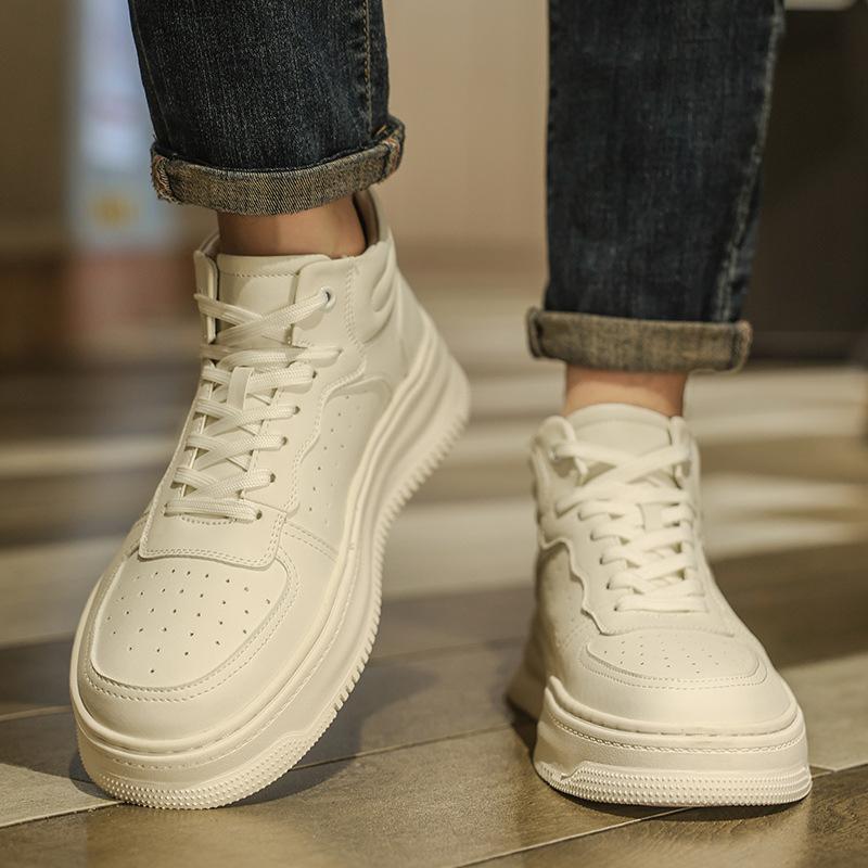 High-top men's shoes fashion versatile trend casual board shoes autumn and winter new leather waterproof thick sole solid color white shoes