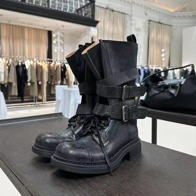 Versión de piel de vaca~ Botas Martin retro británicas para mujer, nuevas, tacón grueso, hebilla de cinturón, botines cortos, botas de motociclista, botas de combate de cuero genuino para mujer