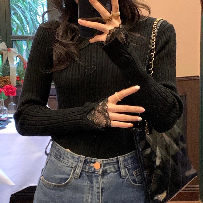 Lace Trim Semi-High Neck Slim Fit Women's Sweater - Apricot Knit Long Sleeve Top