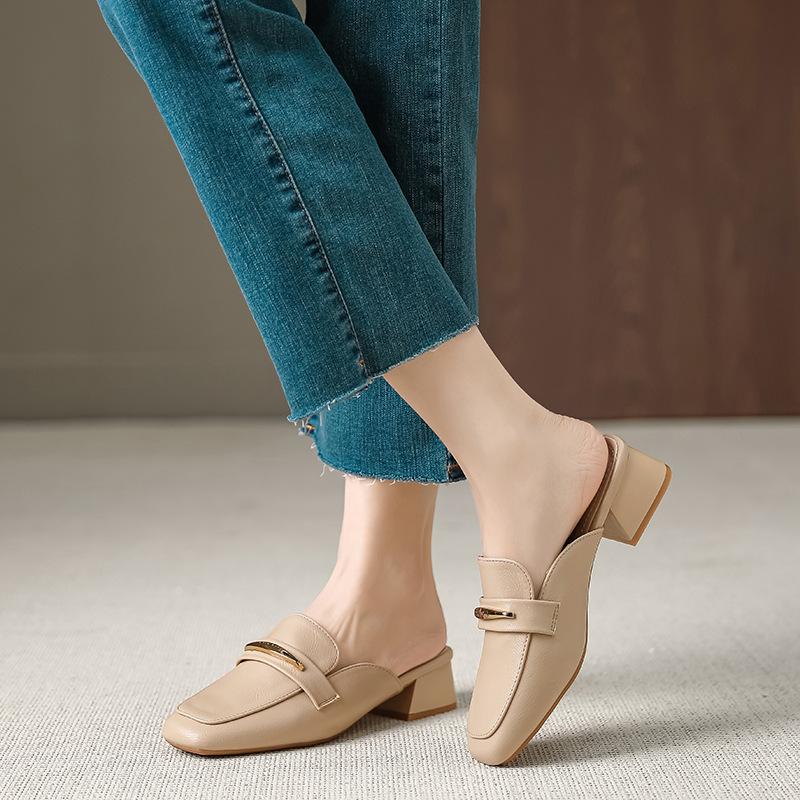 Baotou half slippers Muller shoes women's fashion outer wear lazy square head medium heel thick heel cool slippers women X332-5