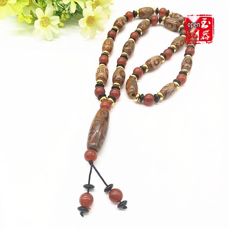 Antique Tibetan Dzi Eye Agate Ruyi Pendant Ethnic Necklace Jade Sweater Chain