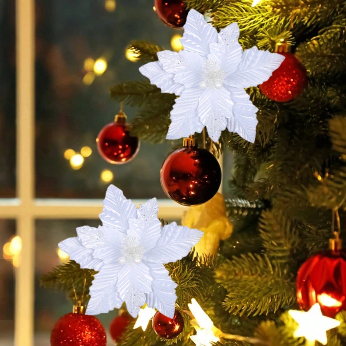 

Рождественское цветочное украшение Большая искусственная пуансеттия со стеблем для рождественской елки вазы гирлянды 1PCS белый