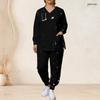 Women Plus Size Nurse Scrub Set V Neck Long Sleeve Printed Black Top With Pockets Long Pants Two Piece
