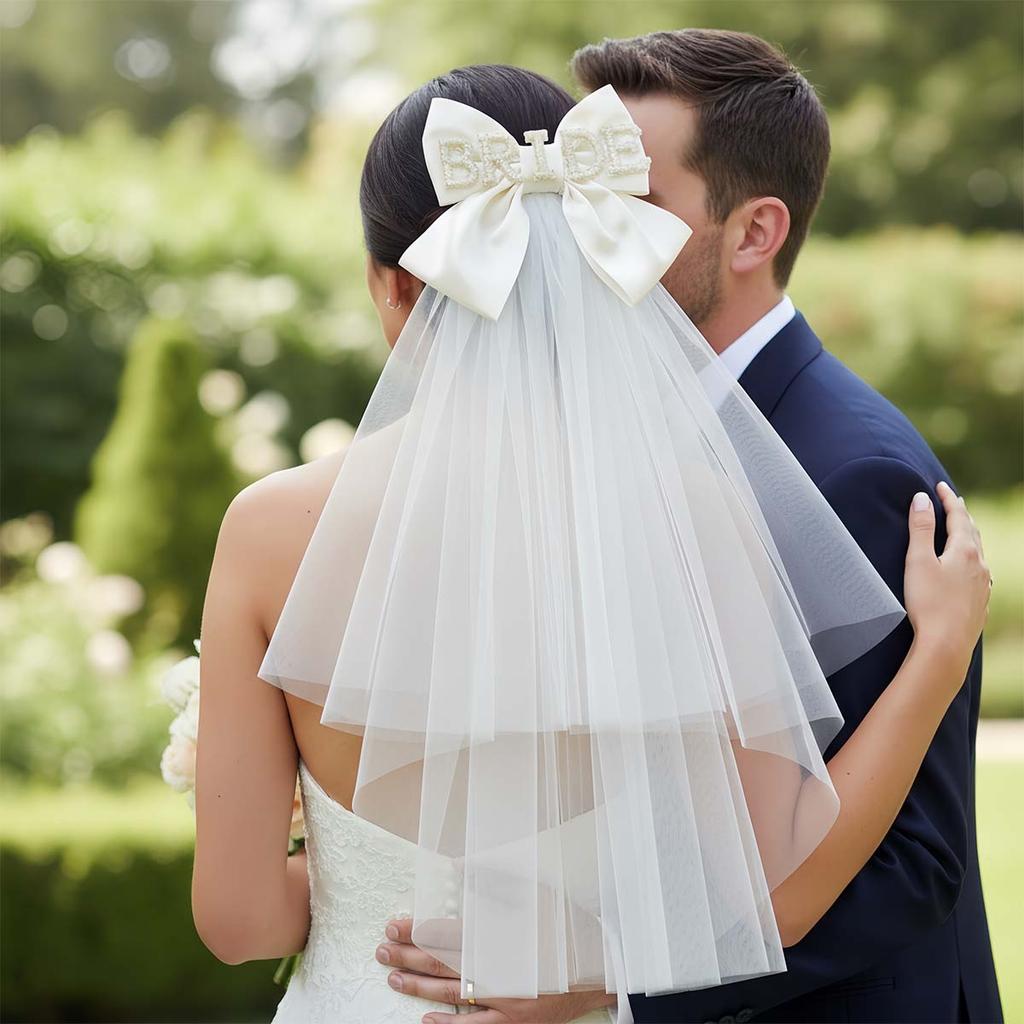 White Bow Bridal Veil, Bride Veils Hair Decorations for Women Wedding Bridal Shower Bachelorette Party