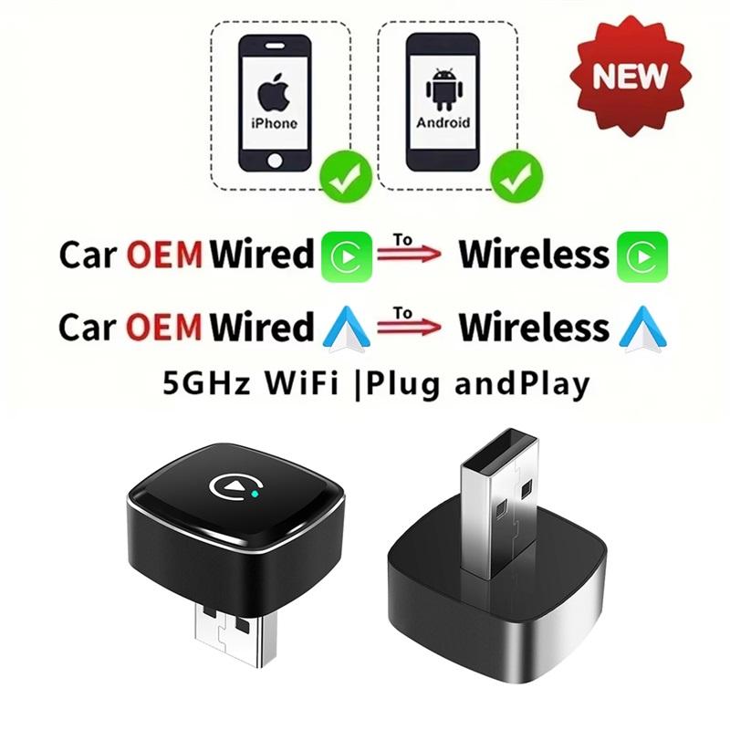 2in1 Wired To Wireless CarPlay Android Auto Adapter for OEM Car Stereo With USB Plug and Play
