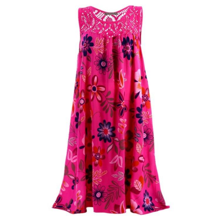 Plus Size Women Summer Dress Fashion Lace Print Sleeveless Loose Casual Dress