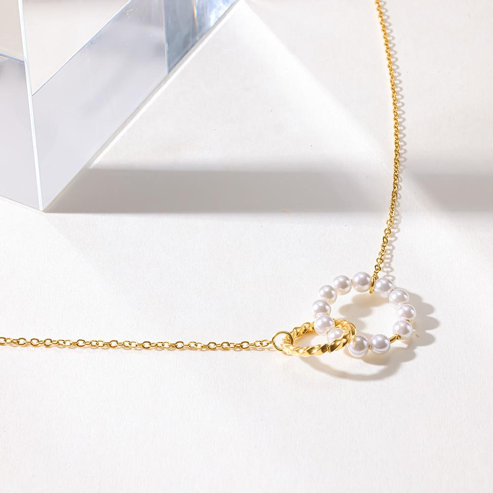 European and American sweet imitation pearl double ring stainless steel necklace women's light luxury niche plated 18k gold jewelry does not fade