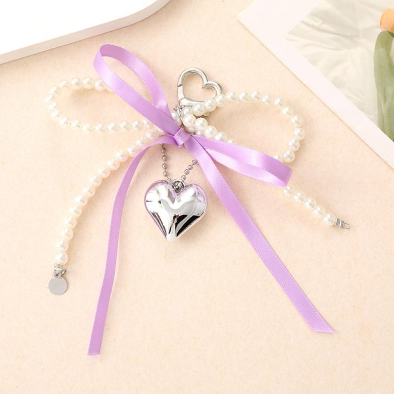 Elegant Pearls Bows Bag Pendant Practical Keychain Heart Shape Phone Ornament Keyring for Purse Handbag Decoration