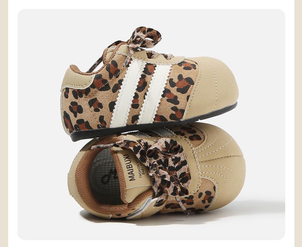 Spring 2026 Girls' Retro Leopard Print Baby Walker Shoes - Ugly Cute, Color Block Design.