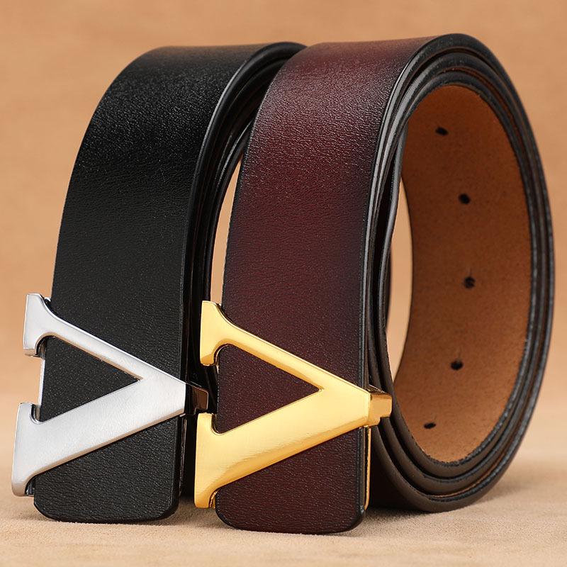 Men's Retro Smooth Buckle Belt - Large Size Genuine Leather Cowhide with Letter V Design