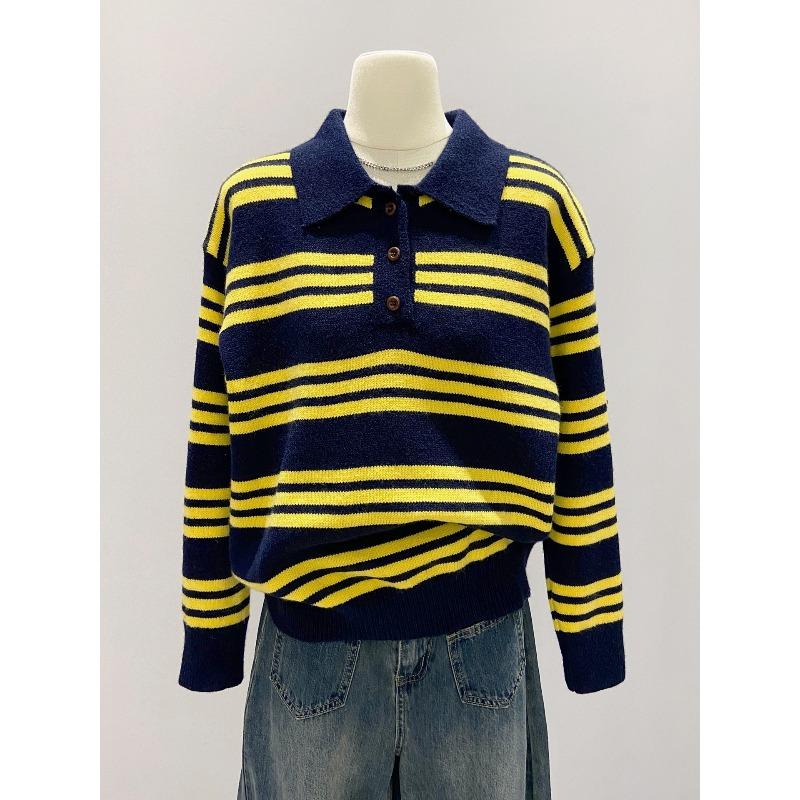 

Винтажный трикотажный свитер с отложным воротником поло, осенне-зимний дизайн, повседневный контрастный полосатый свитер, женская верхняя одежда L темно-синий