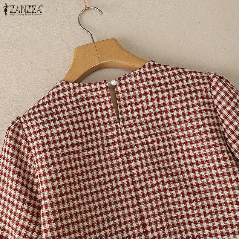 ZANZEA Women Casual Round Neck Grid Print Summer Short Sleeve Blouse