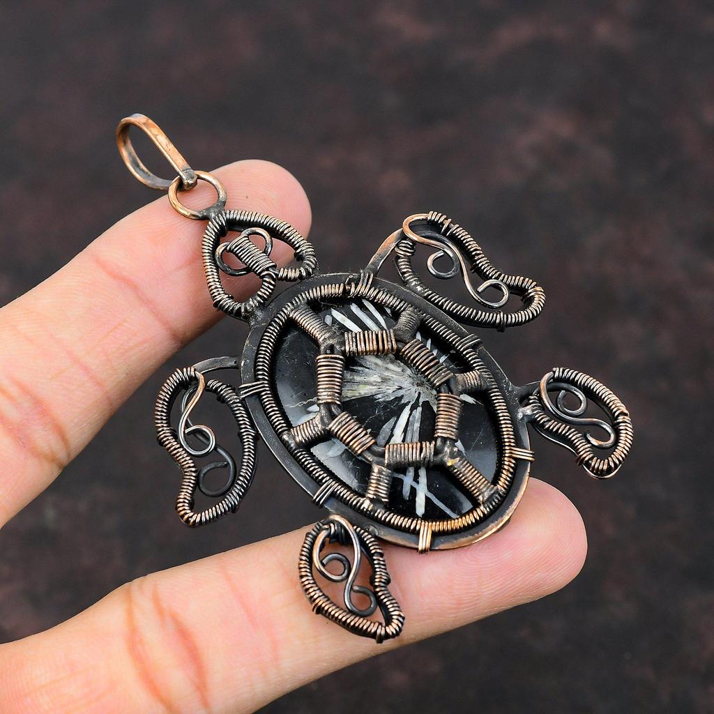 Chrysanthemum Pendant Copper Wire Wrapped Gemstone Pendant Chrysanthemum Jewelry Tortoise Pendant Handmade Pendant Copper Jewelry For Gift