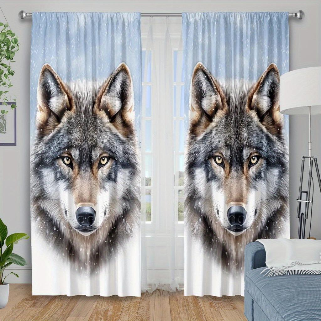 2pc Wolf print curtains   polyester fabric   machine washable   suitable for bedroom and living room decoration
