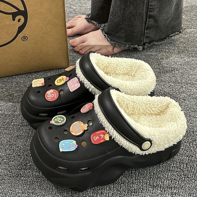 New velvet hole shoes women's winter non-slip outer wear cotton shoes heightened thick-soled home removable cotton slippers