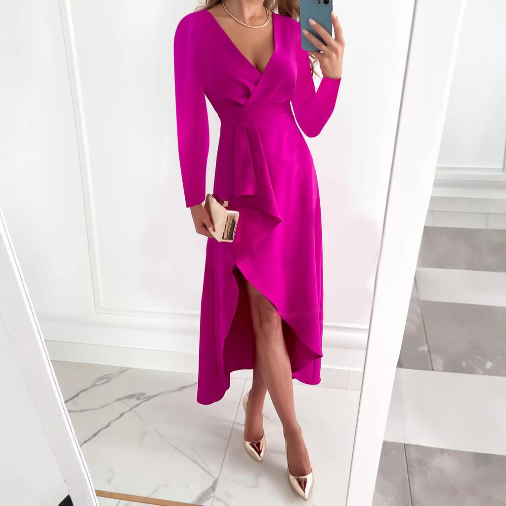 women's Solid Color Satin Wrap V Neck Long Sleeve Ruched High Slit Irregular Hem Maxi Dress Party Evening Dress