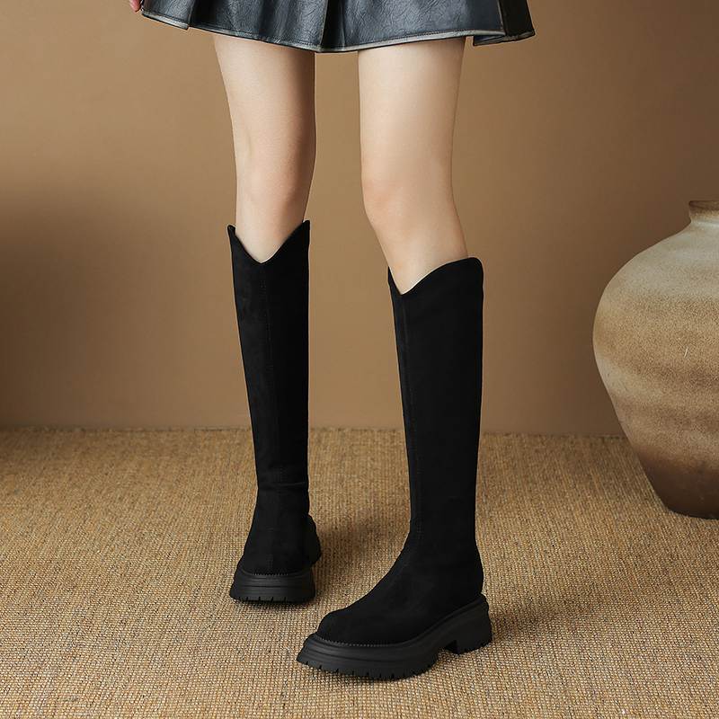 Krazing Pot Flock Autumn Winter Shoes Thick Med Heels Flat Platform Size 43 Modern Boots Stretch Knee Boots