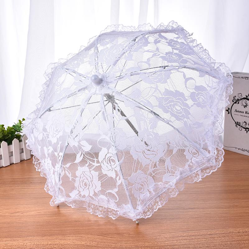 European White Lace Wedding Flower Girl Umbrella - Small Size with Stainless Steel Long Handle.