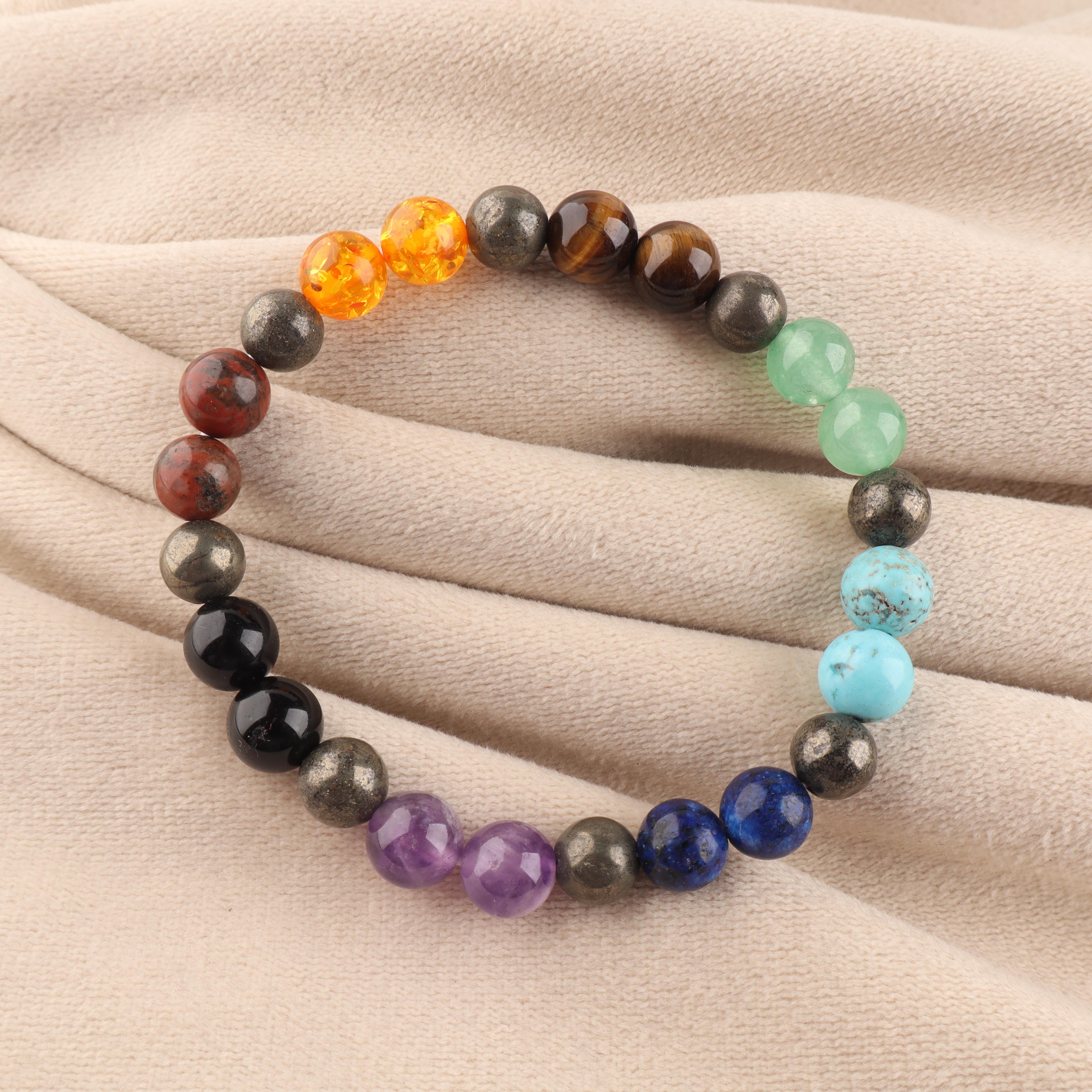 9 Chakra Natural Gemstone Beaded Bracelet, Multicolor 8mm Stretch Bracelet for Men and Women, Yoga Meditation Jewelry DB-17