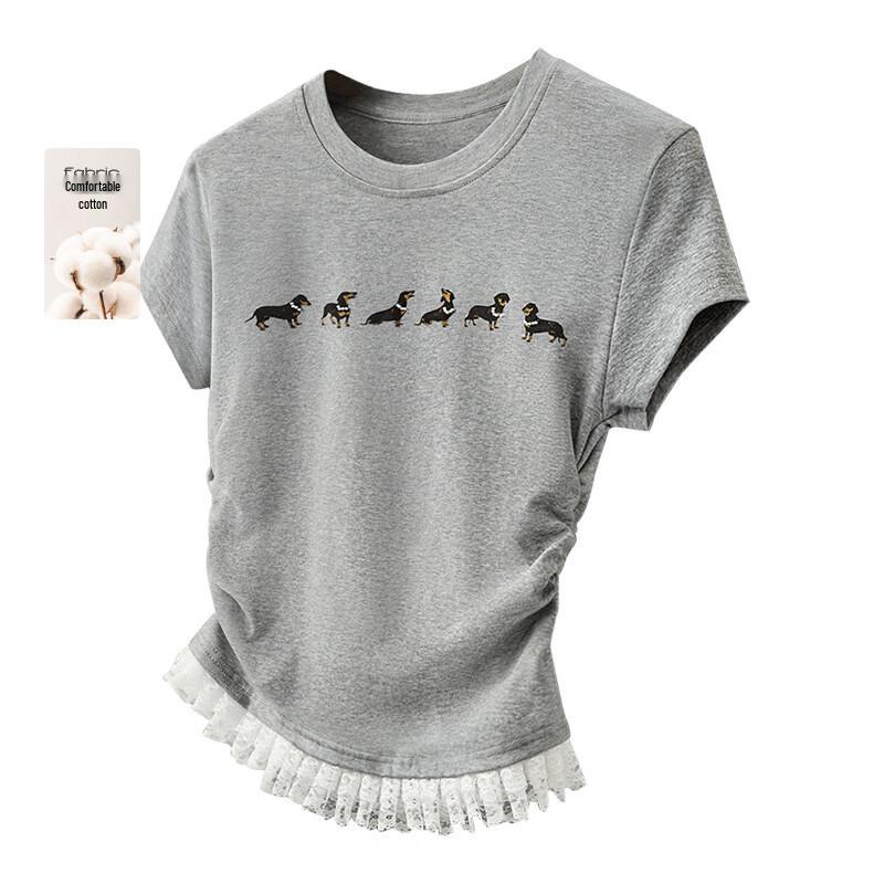 Women s Slim-Fit Lace Patchwork Round Neck T-Shirt M
