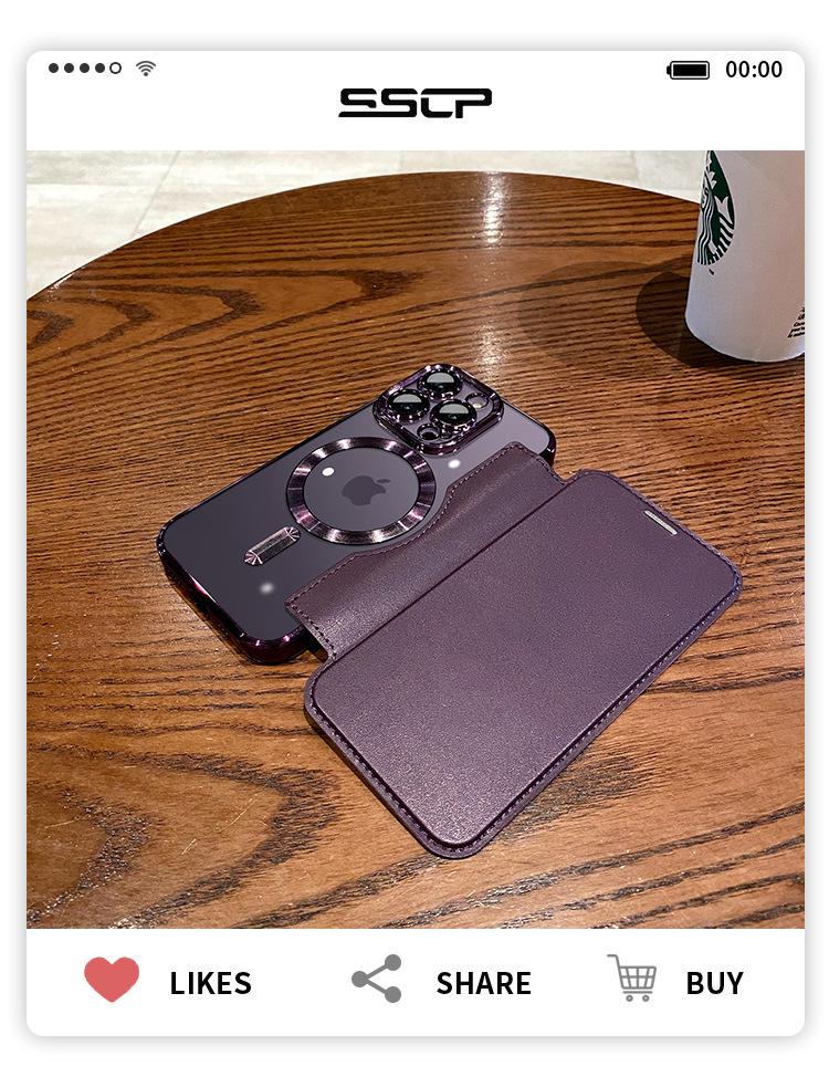 "Apple iPhone 15 Gold Shield Magnetic Leather Flip Case with Full Lens Protection"