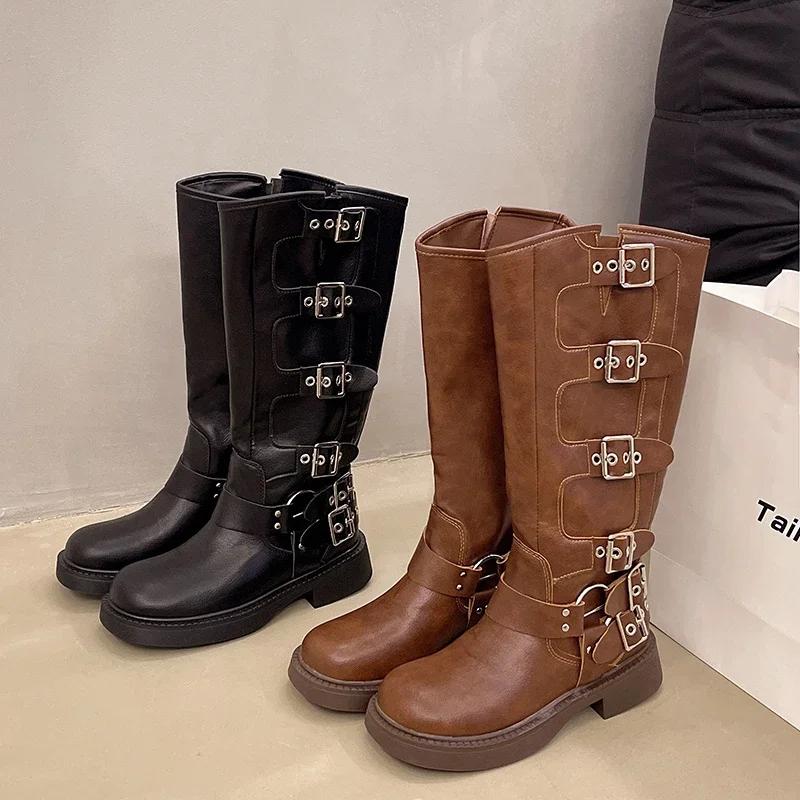 Podzimní a zimní vintage boty Tenké westernové kovbojské boty Střední podpatek Kožené boty Jezdecké boty