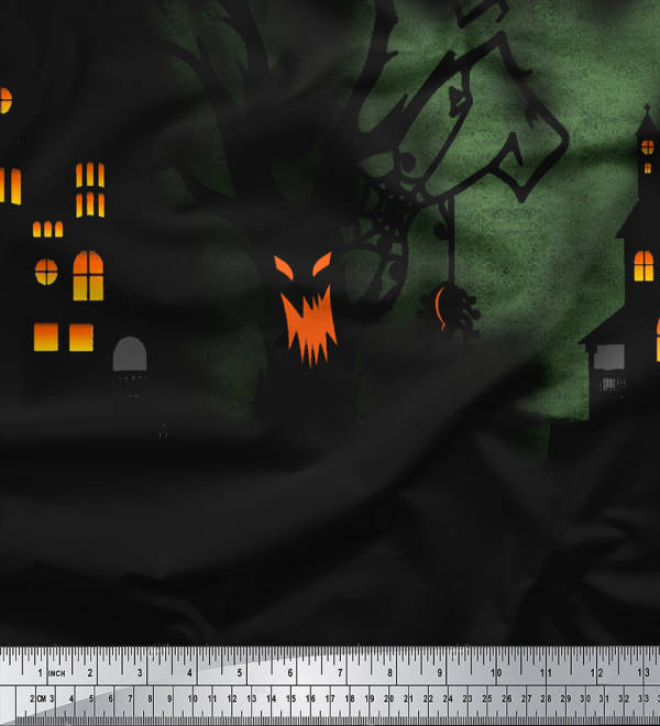 Soimoi Japan Crepe Satin Fabric Tree|Moon & Haunted House Panel Printed Craft Fabric by the Metre 42 Inch